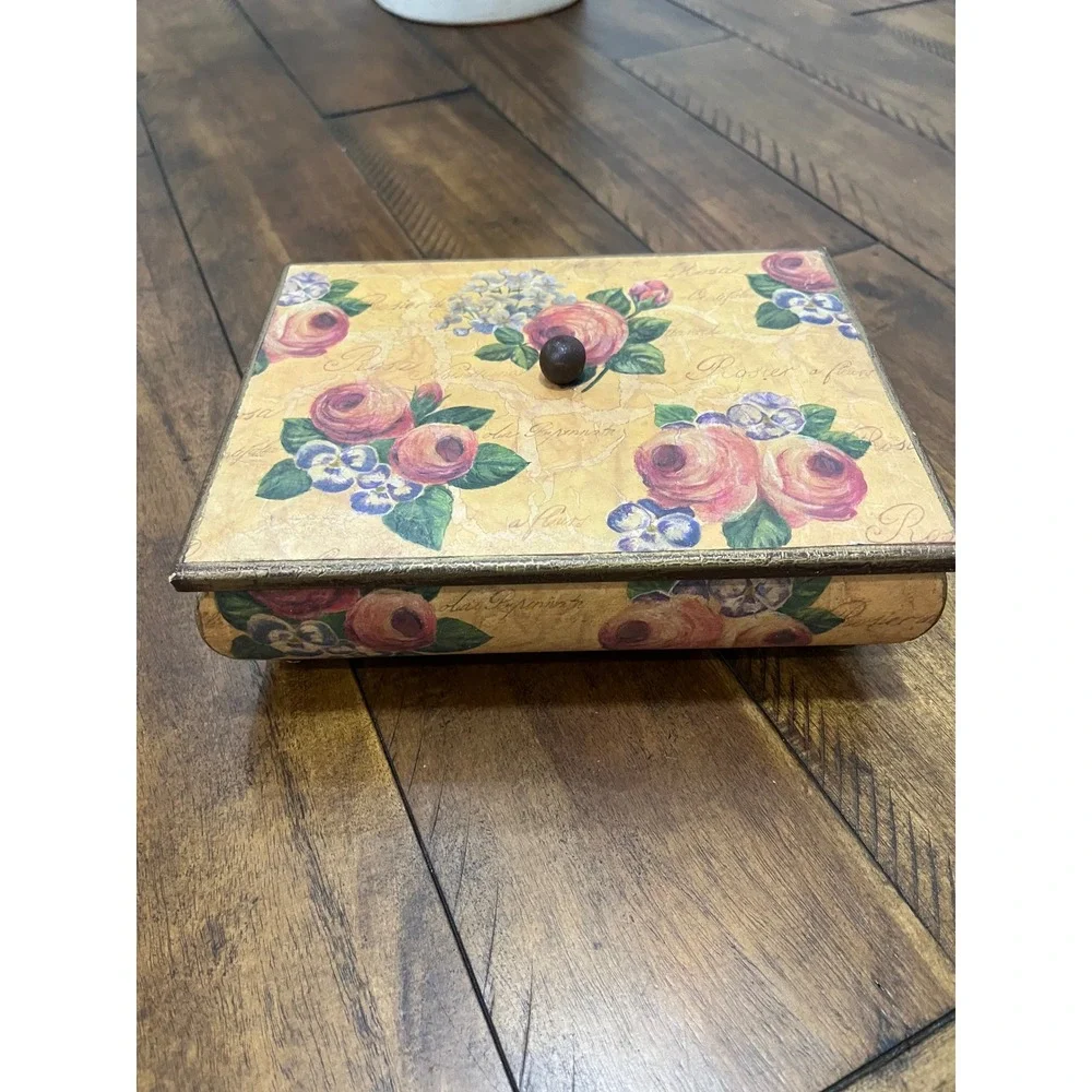 Decoline Floral Jewelry Box Unisex Medium Multicolor Good Vintage Decoupage Wood